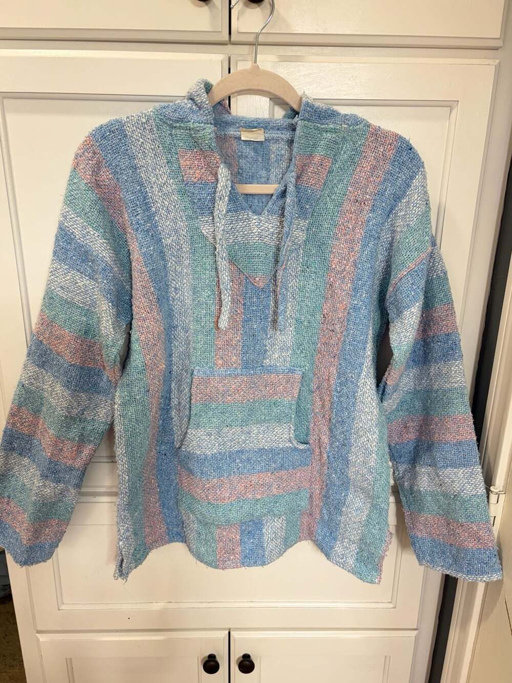 Vintage Artesanias F.R. Mexico Baja Hoodie Pullover Blue Pink Stripe Surf-M